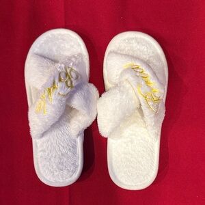 White Fuzzy Bride Slippers with Gold Embroidery